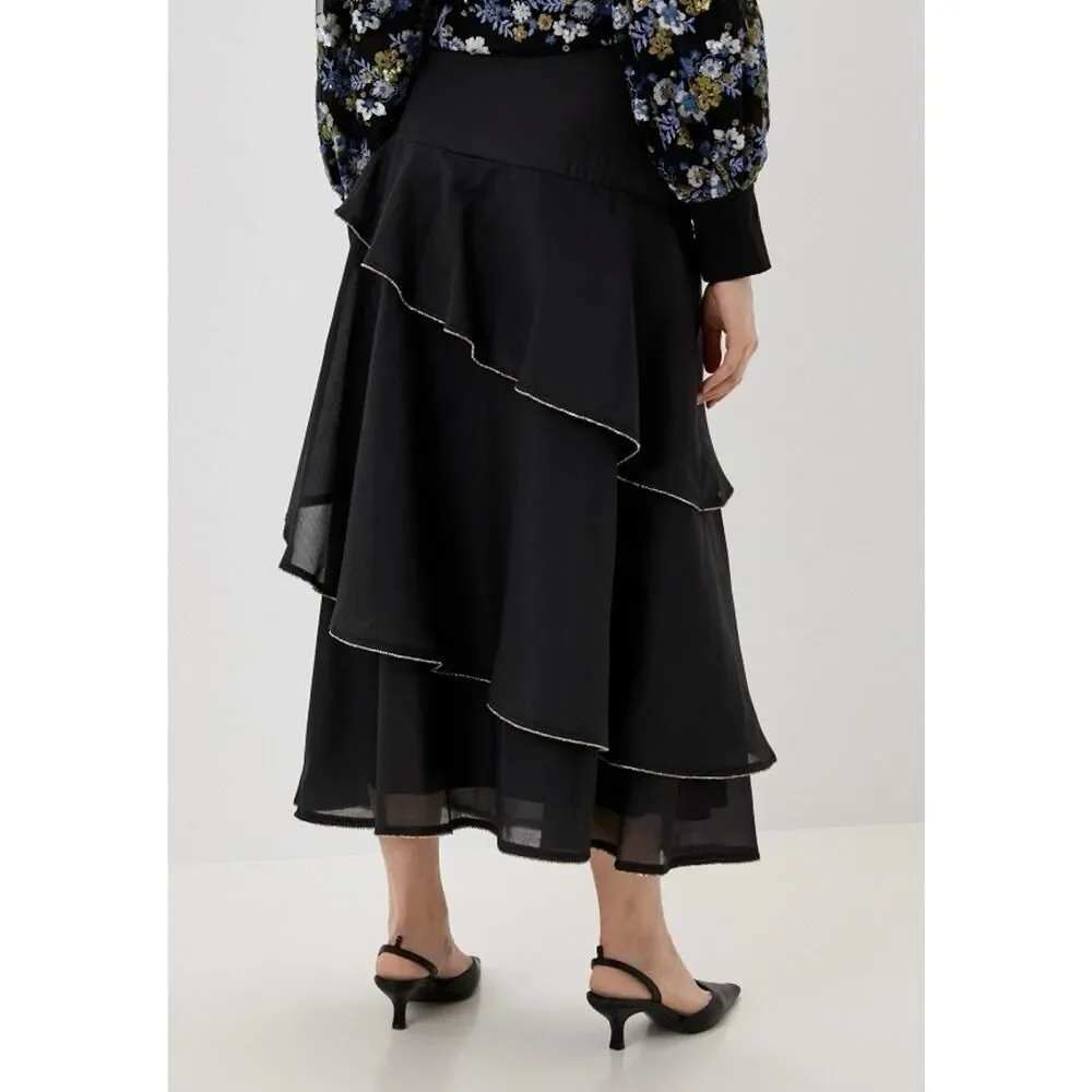 Sister Jane Black Ruffle Midi Skirt Beaded Trim Tiered XS Romantic